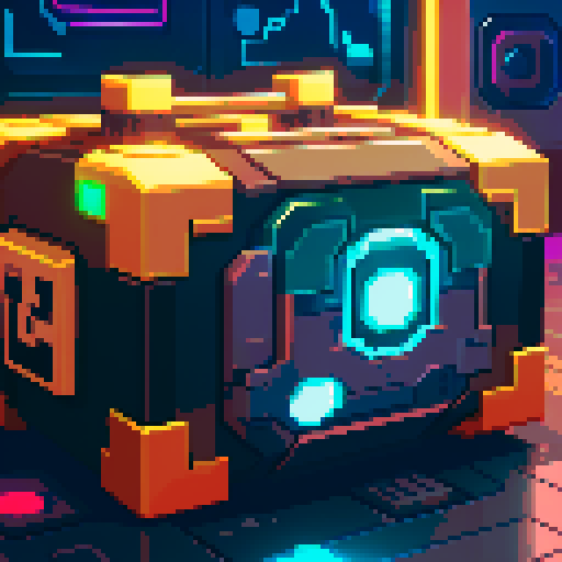 bulky futuristic lootbox, glowing buttons, intricate details, outer space, pixel art style