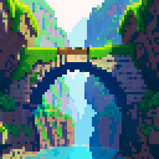 stone bridge, deep chasm, fortress on the left, wider planes on the right, pixel art, sRGB
