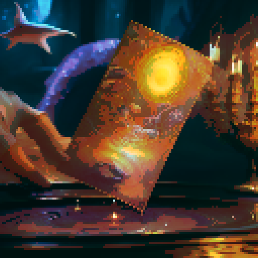A close-up of a woman's hands over a table during a tarot card reading in a medieval dark style. The table is adorned with elements of the ocean such as sea shells, sand, and small pieces of coral. The atmosphere is mystical and dimly lit, with candlelight casting shadows that enhance the eerie and magical mood. The woman's hands are gracefully poised over the cards, which also have oceanic designs like waves and mermaids.