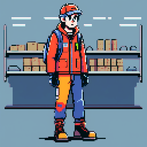 A warehouse worker for Amazon Germany, wearing jacket, gloves and safety boots
