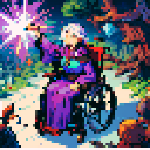 Wheelchair bound witch, colorful, whimsical, casting spells, surrounded by pixelated stars, vibrant sRGB hues, pixel art