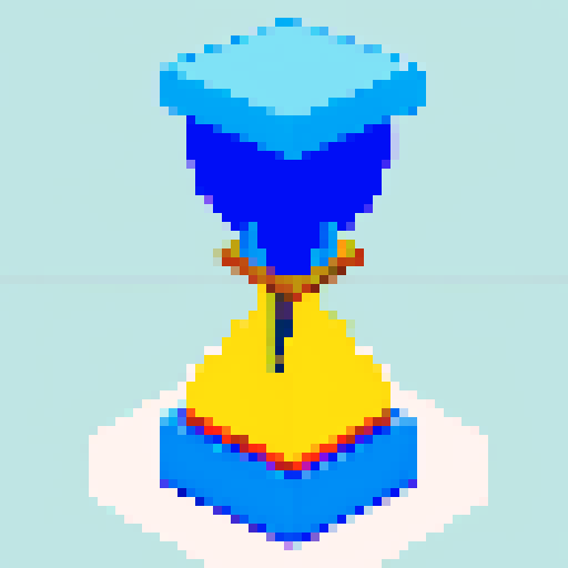 Create an 8-bit pixel art hourglass, NES style. Centered hourglass with flowing sand. Colors: golden sand, dark blue background, white highlights, grey frame. Simple and bold like a NES item icon.