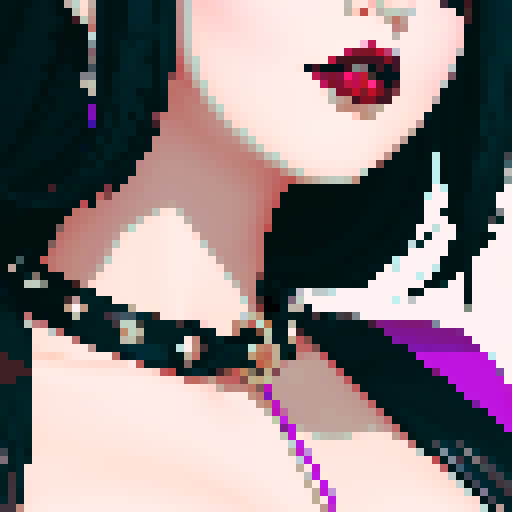 curvy, busty goth, cute goth woman's face, black hair, purple eyeshadow, red lipstick, studded leather string bikini, face portrait, beauty photo, vibrant sRGB colors, pixel art