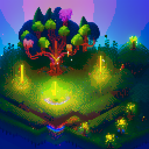 Dozens of glowing vines, pulsating with energy, wrap around a towering, gnarled tree with sparkling leaves, guarded by ethereal spirits wielding crackling lightning bolts in a pixel art landscape, with a background pulsing in sRGB hues