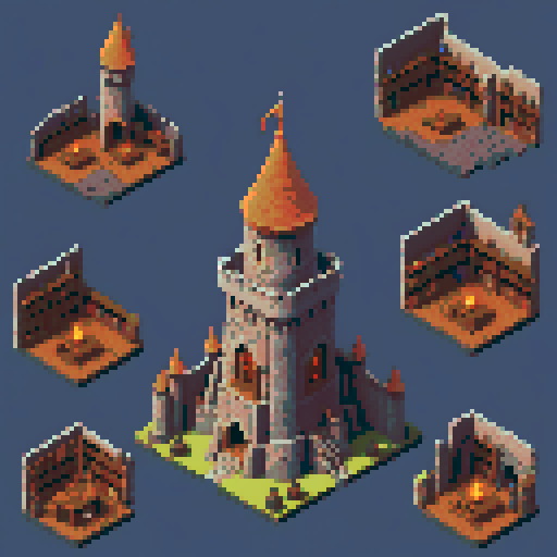 isometric, tower of mages, building in castle, medieval, inside, potions, book shelfs, building, table,block, lazurite