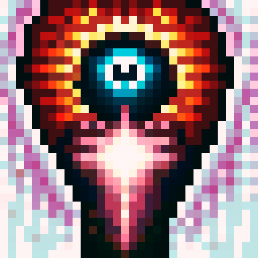Warlock casting a fiery spell with glowing eyes and intricate runes, depicted in a pixel art close-up portrait with a dark, ominous background for a game icon.