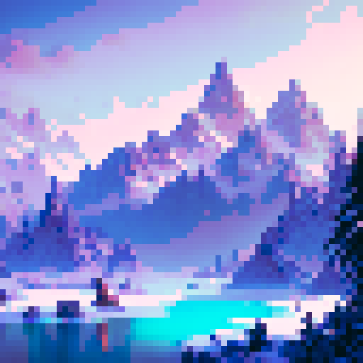 Towering skyscrapers, snow-capped mountains, a shimmering lake, and a palm tree oasis all come together in a pixel art landscape of Dubai in winter, set against a vibrant sRGB background