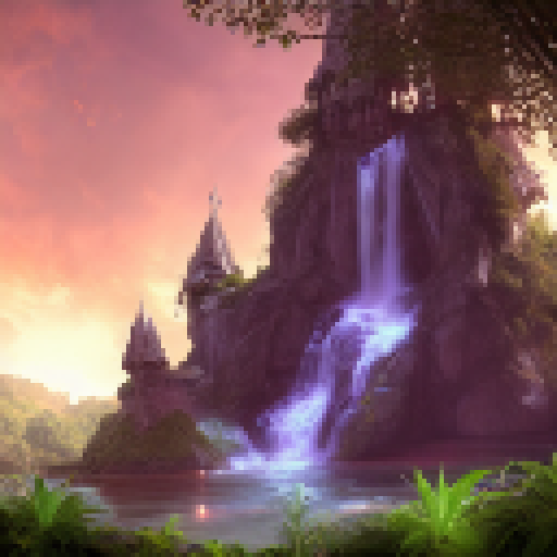 An elven castle in the middle of a lush forest, a waterfall, an old mage