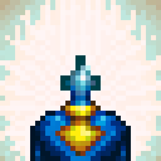armour and helmet, game icon, 32x32 pixel art, sRGB, skill art, close up, portrait, metallic shine, intricate engravings, battle-worn scratches, embossed insignia, glowing gem accents, sharp edges, shadowed crevices, weathered textures, reflective visor, intimidating presence