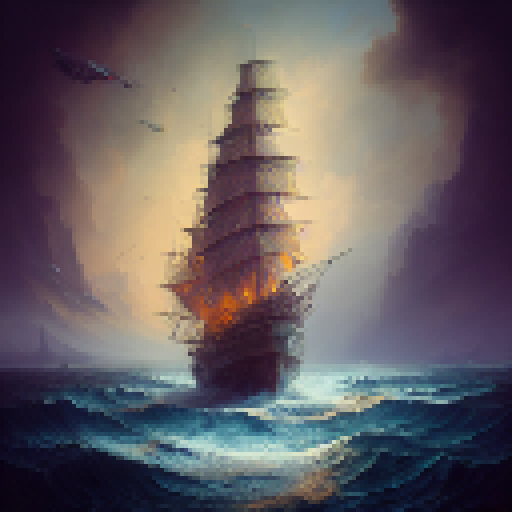 "Dutch-inspired, Baroque style, with bold colors and intricate details. A towering mast, billowing sails, and rusted chains adorn the vessel as it cuts through churning waves, while ornate carvings and gilded accents catch the eye." viewed from the side.