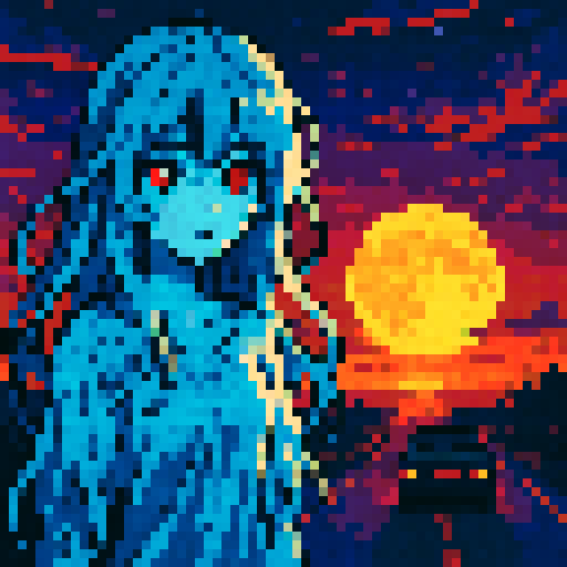 Ghost woman with red eyes, sunset backdrop, car driving towards moon, anime style, vibrant colors, sRGB, pixel art
