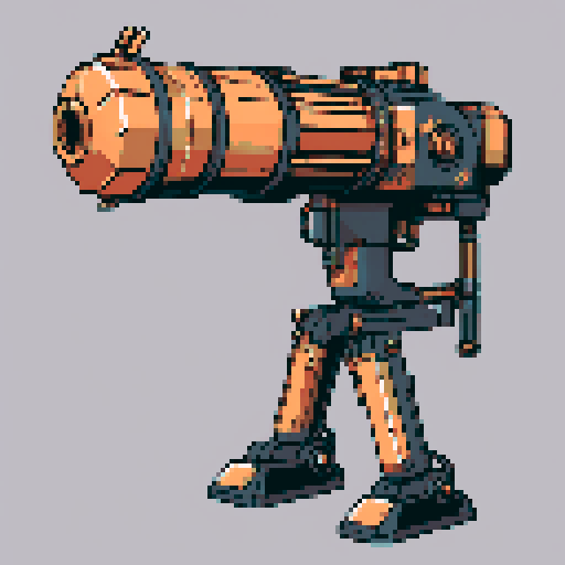 I want a big copper minigun viewed from from the side. It should not be on a stand but instead floating in the center of the frame. It should have strange mechanical details that could interlock with others. I want this object usable an asset in a videogame, meaning only one object per image, outlined with a strong black stroke, on a solid-color background. 