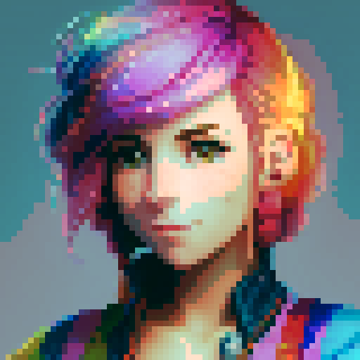 stardew valley-inspired, woman, pixel art, sRGB, vibrant colors, rustic backdrop, braided hair, glowing skin, gentle smile, freckles, rosy cheeks