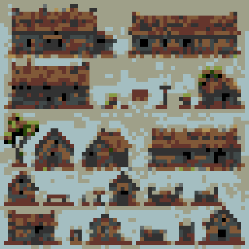 top down post-apocalyptic ancient Roman farmhouse rpg tileset, crumbling stone walls, overgrown vines, rusted armor, decaying wooden doors, broken pottery, moss-covered statues, collapsed roof tiles, dilapidated furniture, flickering torches, eerie shadows