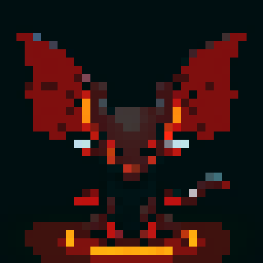 small, demonic creature, tiny horns, bat-like wings, dark red skin, glowing yellow eyes, mischievous grin, long, pointed tail, pixel art, sRGB