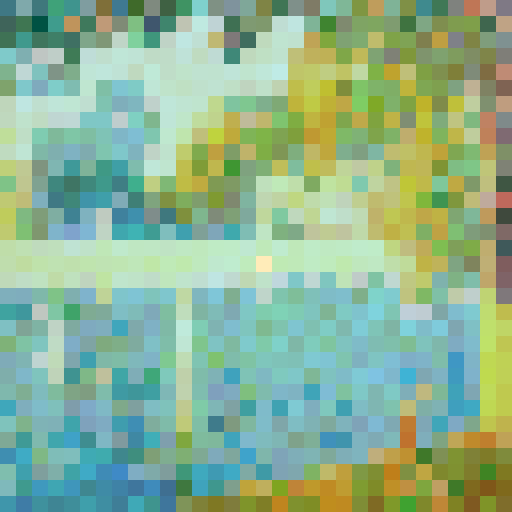 Create a 32-bit pixel art rendition of Georges Seurat’s ‘The River Seine at La Grande-Jatte’ using uniform square pixels. Capture the tranquil riverside scene with trees, water, and people relaxing on the shore. Use soft, harmonious, and muted colors to mimic Seurat’s impressionist style, translating his pointillist brushstrokes into evenly spaced square pixels. Focus on smooth transitions and subtle color blending, avoiding vivid or sharp tones, and emphasize a balanced, serene atmosphere.