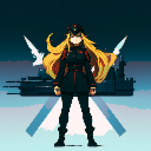 full-body image, military general woman, black uniform, black hat, army behind her, fortress, evil