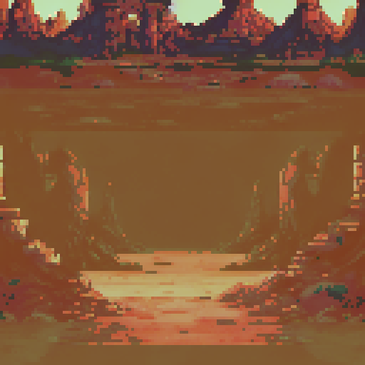 Desert-like battlefield with reddish-brown earth and scattered stones, leading to a mystical village. Ancient structures with arched doors and carved details stand among stone pillars and barren trees. A warm, dusty sky creates a surreal atmosphere, blending earthy tones with hints of mystery and decay.