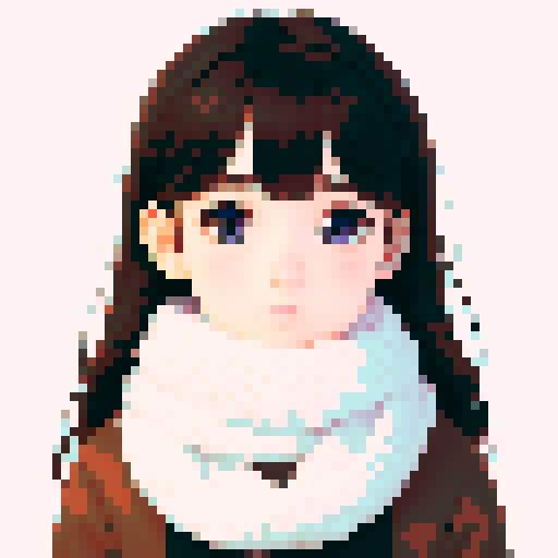 portrait, sprite art, young woman, cute, soft eyes, autistic, cozy winter, white scarf, shy, timid, dark hair, dark eyes