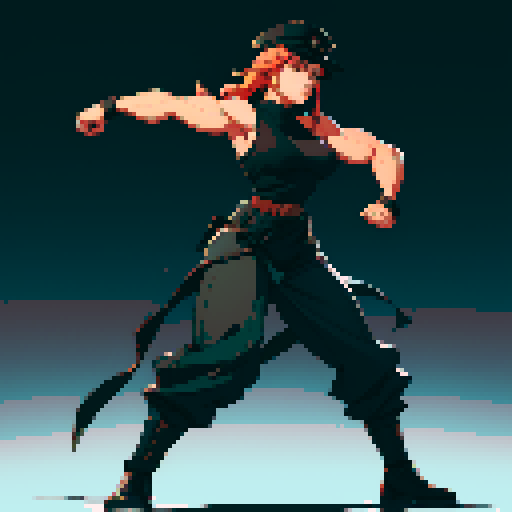 full-body image, muscle girl, female, thick biceps, big shoulders, big fists, muscular physique, thick waist, facing left, ready to fight, exaggerated proportions, black military uniform, black hat, military backdrop, sRGB, pixel art, no background, no backdrop, facing left, fists raised, ready to fight