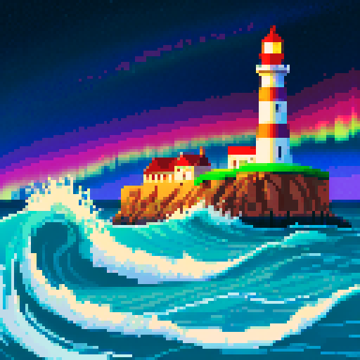 pixelated lighthouse standing tall, vibrant sea waves crashing, mesmerizing aurora dancing