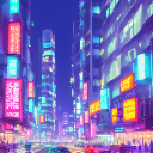 Neon-soaked skyscrapers tower over a bustling street in a cyberpunk metropolis, in a landscape-style artwork.