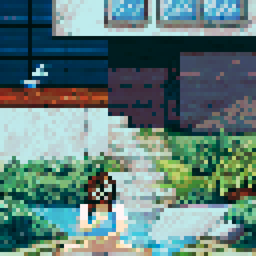 crazy cool guy with long brown hair sitting in a small pool, pixel art, sRGB, background, landscape
