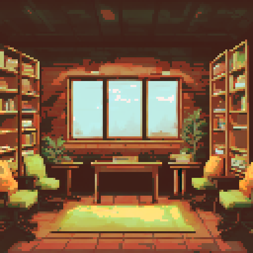 Cozy autumn lecture hall, warm earth tones, pixel art, sRGB, elegant background, bookshelves, wooden desks, vintage chalkboard, soft lighting, falling leaves, serene landscape, quiet study atmosphere