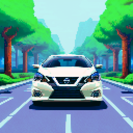 Photorealistic whole Nissan Sentra, three-quarter view, right front wheel, clean background, sRGB colors, pixel art style
