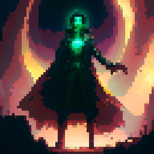 A dark, misty forest surrounds a warlock as they stand in front of a glowing portal, their emerald cloak billowing in the wind, with a sinister grin on their face, in the style of a gothic oil painting.