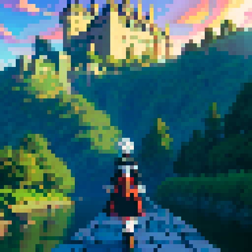 Anime warrior on an adventure with a castle in the backgroun. 