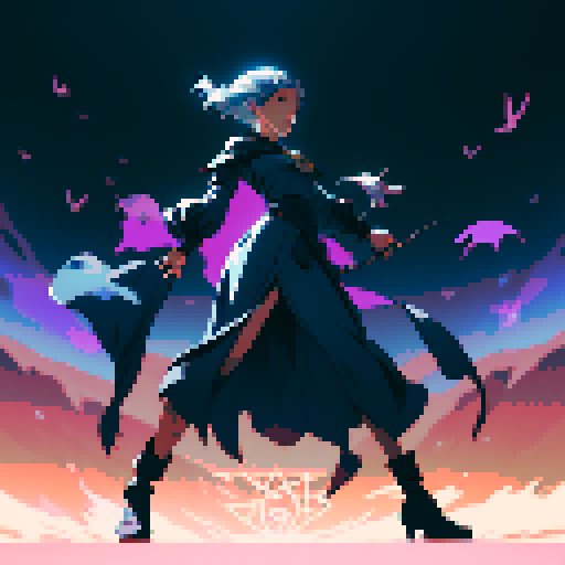 full-body image, sorceress facing right, sorceress ready to fight, evil sorceress, floating, arms out, magic circles, magic power, spell, evil sorceress, evil witch, magic symbols, ultimecia, final fantasy, sRGB, pixel art