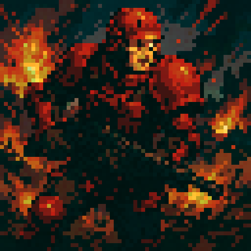 Valkyria Chronicles male imperial Shocktrooper, red armor, sRGB, pixel art, dieselpunk, intense, dramatic, battlefield, action-packed, dynamic, detailed, immersive, vibrant, heroic