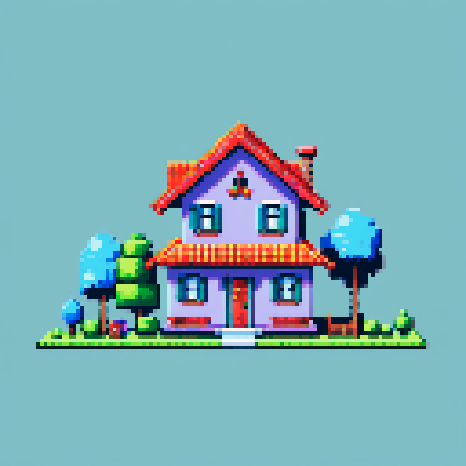 simple, silly house, pixel art, sRGB, vibrant colors, cartoonish, exaggerated proportions, quirky roof, cheerful atmosphere, playful details