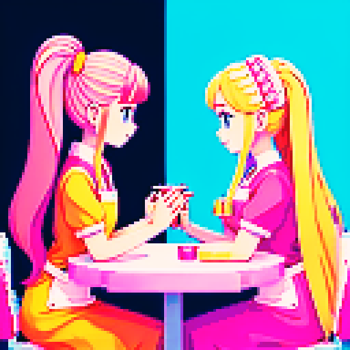 A nail tech with long blonde hair wearing a pink apron and a girl with brown hair sitting and facing each other at a table in a nail salon. Nail polish bottles and UV lamps