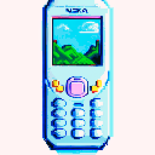 Nokia 3310 front view in a retro sRGB pixel art style with a vibrant blue background and a serene landscape