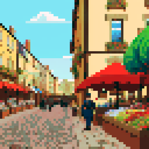 World War 2 British soldier, TinTin style, vibrant colors, bold outlines, pixel art, sRGB, cobbled street, red-brick buildings, French countryside, rolling hills, clear blue sky, distant Eiffel Tower, bustling market square, Union Jack flag, military uniform, gas mask, helmet, rifle, Winston Churchill poster, vintage airplane, lively crowd, quaint cafe, flower shop, cobblestone alleyway, vintage car, war-torn ruins, British propaganda poster