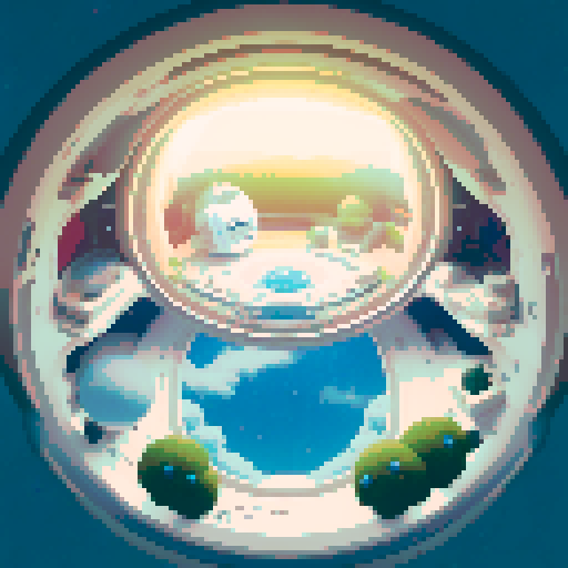 Inside of a sphere spaceship shaped like a gachapon with a clear top half looking out to space. cozy white space theme