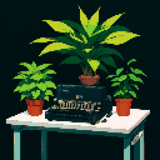 Minimalist office desk with a vintage typewriter, a cup of coffee, and a potted plant, all rendered in soft, muted colors against a sleek, black background in a pixel art lofi style