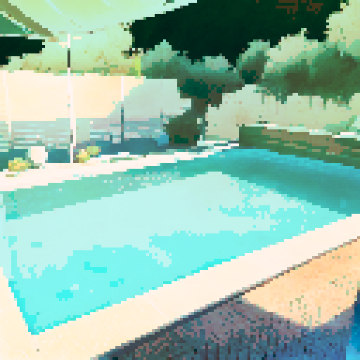 Glistening water, vibrant colors, and lively atmosphere capture the essence of a sunny day at the pool in a landscape portrait.