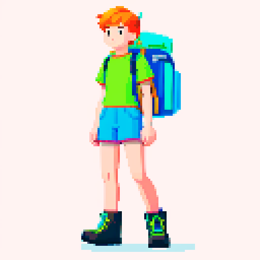 Full body image of a male character wearing a T-shirt, colorful shorts, hiking boots, and a back pack 