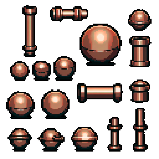 I want a thick copper pipe with a circular ball fitting on one end. I want this object usable an asset in a videogame, meaning only one object per image, outlined with a strong black stroke, on a solid-color background.