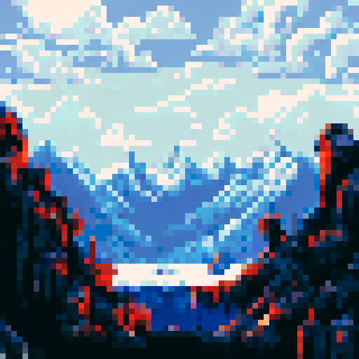 War plane debris scattered in a snow-covered valley, with towering, jagged peaks piercing the stormy sky as a desolate, frozen landscape stretches beyond, rendered in detailed pixel art with a soft sRGB color palette