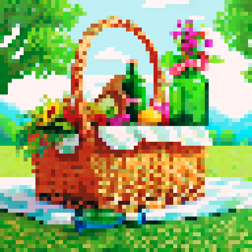 picnic basket, side view, half open, with bouquet and green glass bottle inside