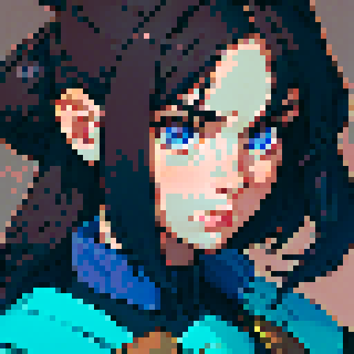 western style, portrait avatar, woman with shoulder length dark hair, looking at the camera, blue palette, close up
