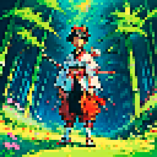 Samurai Benjie, a friendly teenage red panda with a kind and extroverted personality. He wears traditional samurai armor adapted for a red panda—lightweight with bamboo elements and decorative accents. Benjie stands in a relaxed pose, holding his slingshot at his side. His expression is friendly and determined. The style is colorful, whimsical, and enchanting, inspired by Miyazaki films like My Neighbor Totoro or Princess Mononoke