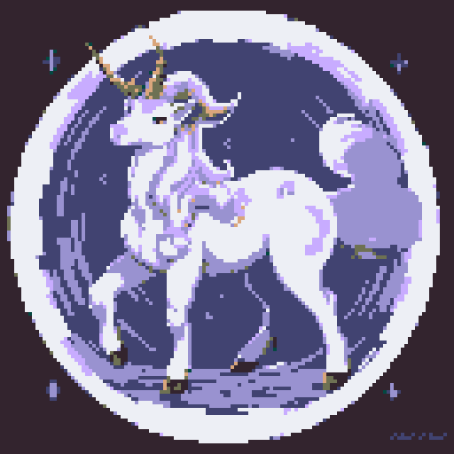 mystic druid wild woman mythological unicorn, faun body shape, animal-human hybrid, shift-shaper, cloven hooves, playful demeanor, full body, bathed in moonlight, pixel art, sRGB