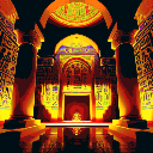 interior, top down, Egyptian tomb, hieroglyphics, torchlit, flickering flames, golden sarcophagus, bejeweled, intricate carvings, vibrant colors, ancient artifacts, mysterious shadows, ornate pillars, mosaic floor, elaborate wall paintings, ethereal atmosphere