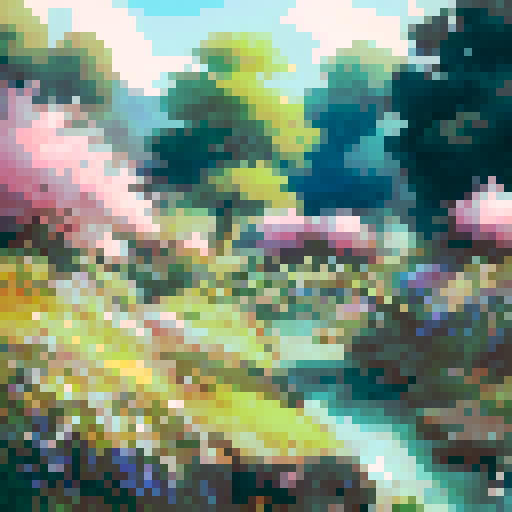 rolling hills, vibrant green meadows, winding cobblestone paths, quaint thatched cottages, blooming wildflowers, white fluffy clouds, a babbling brook, a wooden footbridge, grazing sheep, a majestic oak tree, a golden sunset