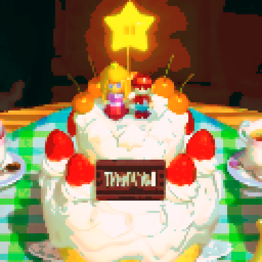 Cake with strawberries and cherries, two figurines on top, star, tea on side